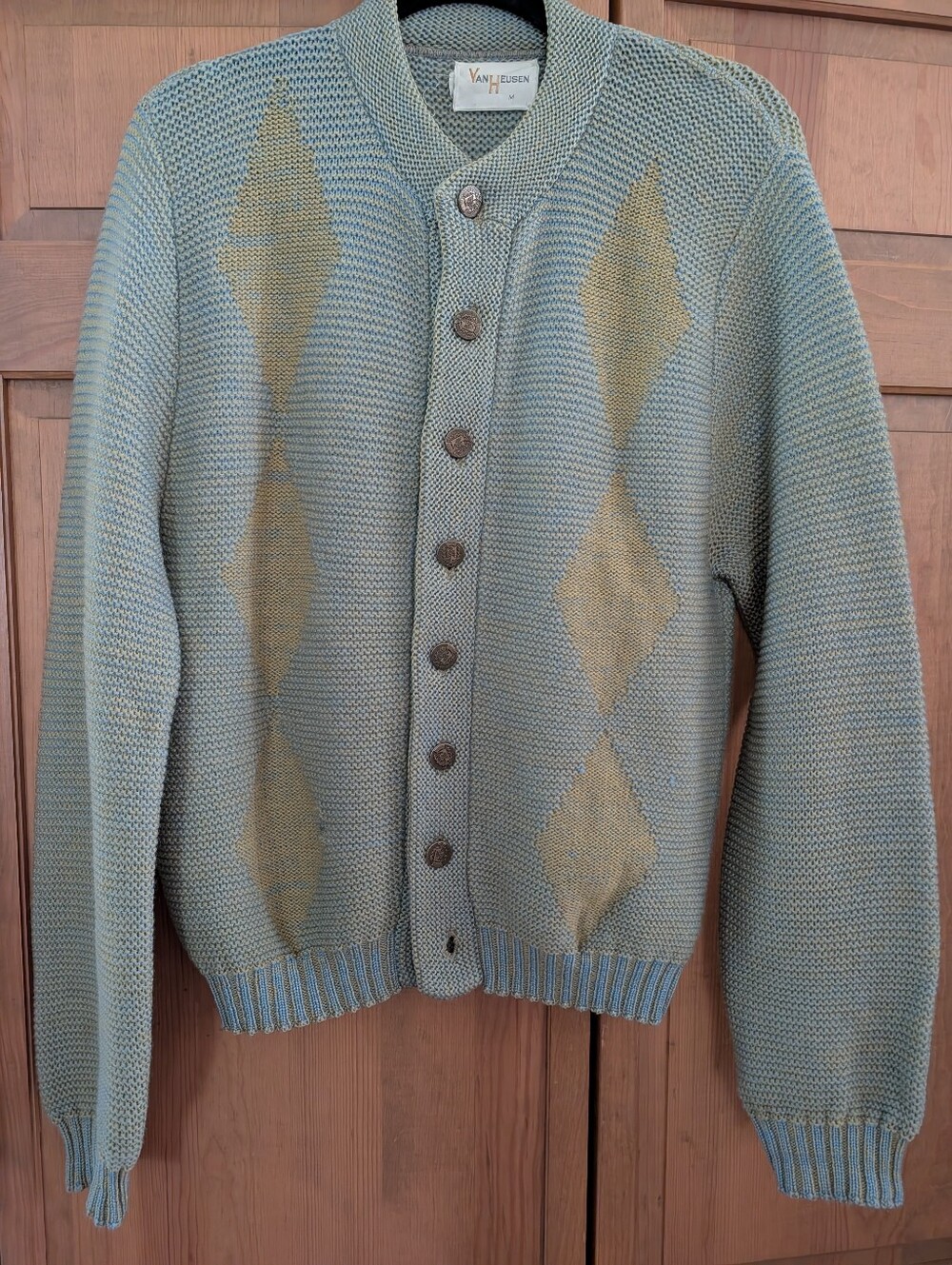 Vintage Racer Van Heusen Men's Sage Green  Diamond-Pattern Cardigan Sweater